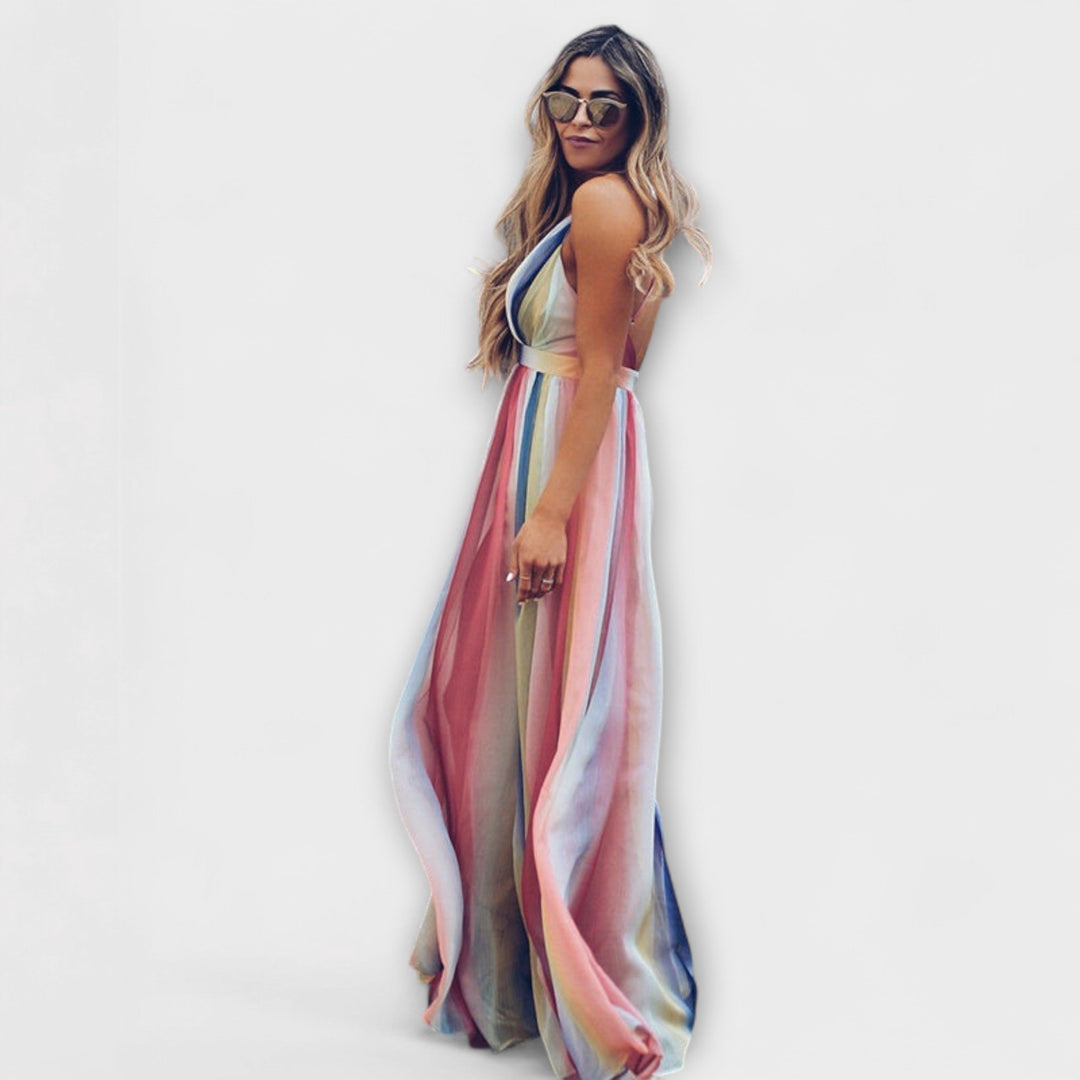 Multicolored Striped Women's Dress with V-Neck
