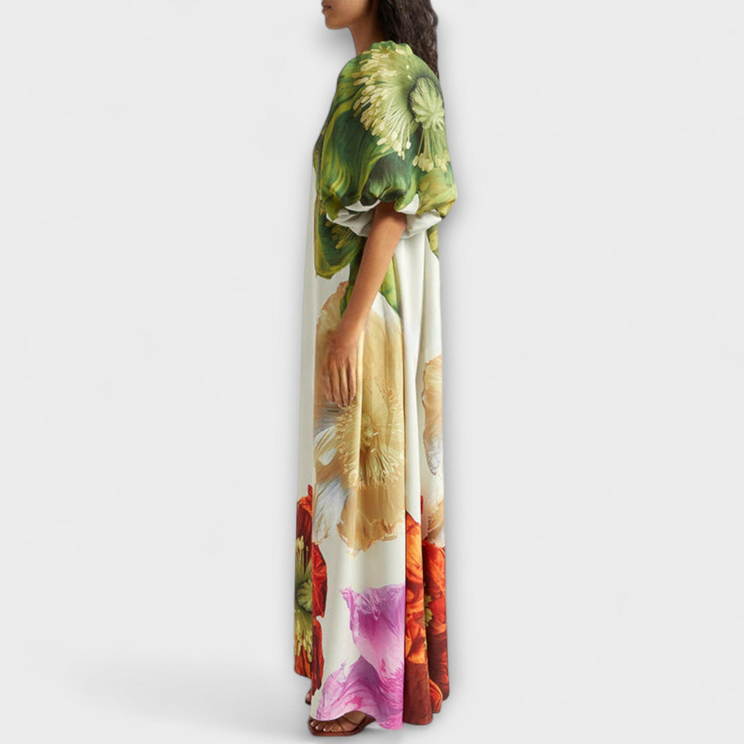 Skylar - Maxi Dress with Floral Print, Asymmetrical Neckline, and Puff Sleeves