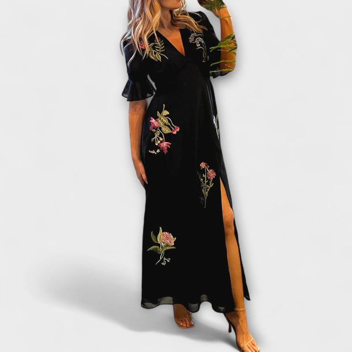 Beatrice - Elegant Navy Blue Dress with Floral Embroidery