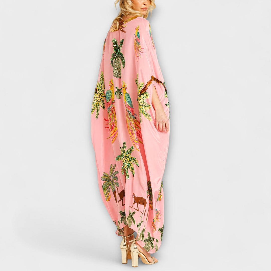 Linda - Eye-catching Dress with Asymmetrical Shoulders and Coconut Tree Print