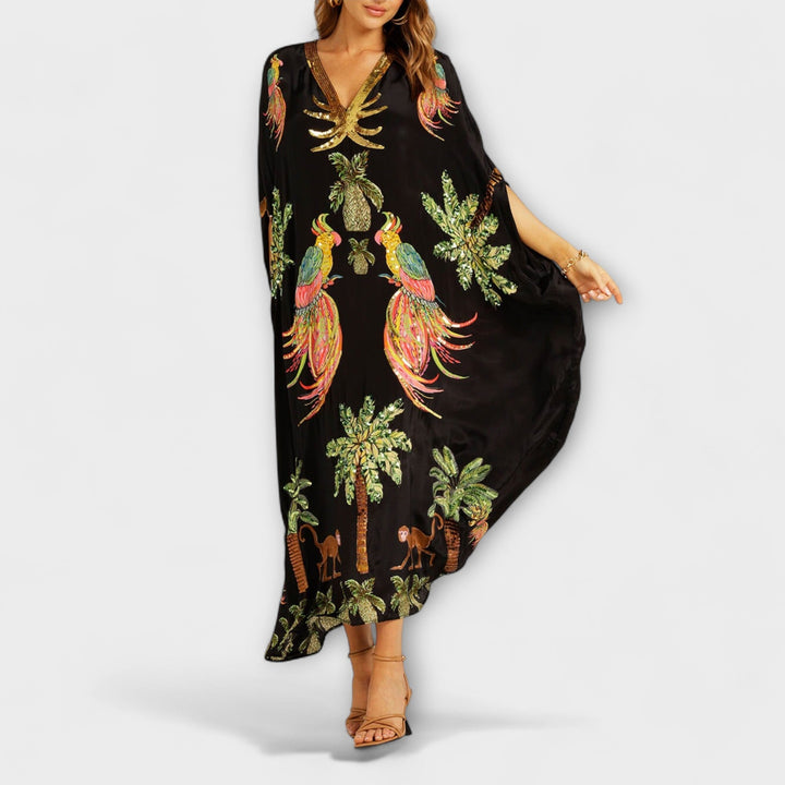 Linda - Eye-catching Dress with Asymmetrical Shoulders and Coconut Tree Print